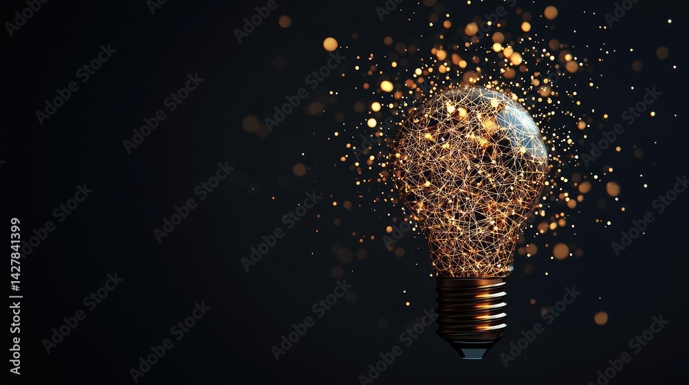 Poster polygon lightbulb with innovation and exchange concept. a glowing light bulb emits sparkling particl