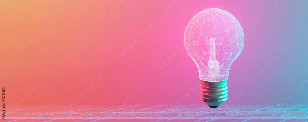 Poster Polygon lightbulb featuring lamp and network concept. A glowing light bulb against a vibrant gradient background.