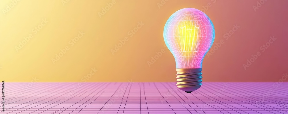Poster Polygon lightbulb featuring lamp and network concept. A glowing light bulb on a colorful background with vibrant colors.