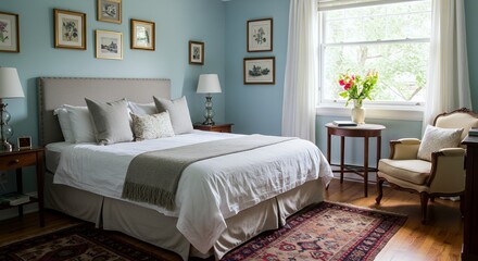 Serene Bedroom Haven: A Luxurious Retreat with Light Blue Walls and Elegant Furnishings