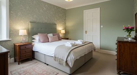 Serene Bedroom Interior: Pastel Hues and Tranquil Ambiance