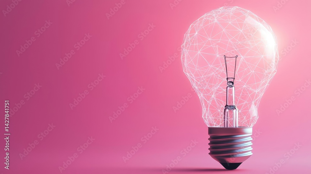 Poster polygon lightbulb featuring lamp and network concept. a glowing light bulb against a vibrant pink ba