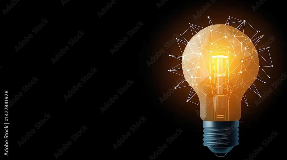 Poster Polygon lightbulb in business and idea exchange concept. Innovative light bulb design with glowing bright energy.