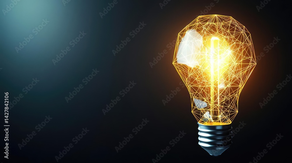Poster Polygon lightbulb with innovation and exchange concept. Illuminated light bulb showcasing innovation and creativity.