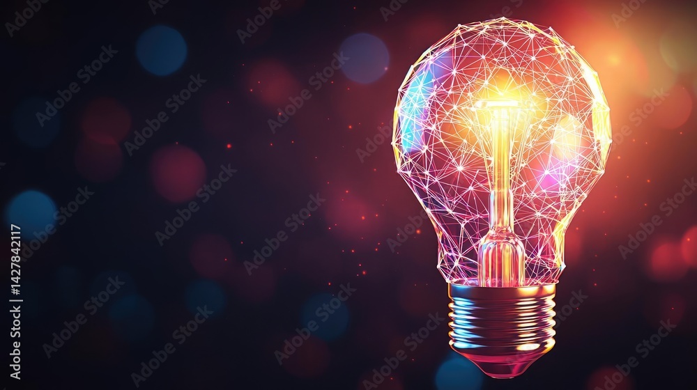 Poster polygon lightbulb with innovation and exchange concept. a glowing light bulb with digital connection
