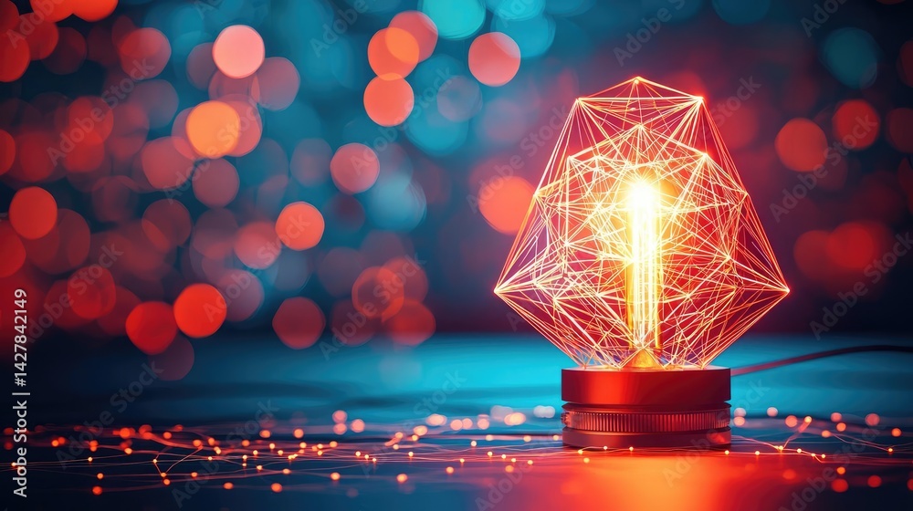 Poster polygon lightbulb featuring lamp and network concept. a glowing geometric lamp casting vibrant color