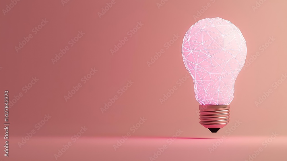 Poster polygon lightbulb with innovation and exchange concept. a glowing light bulb with a pink hue on a so