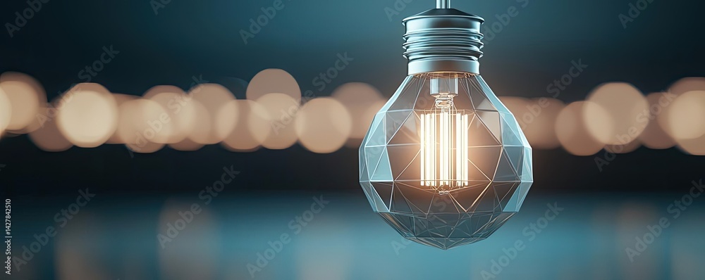 Poster polygon lightbulb featuring lamp and network concept. a close-up of a geometric light bulb emitting 