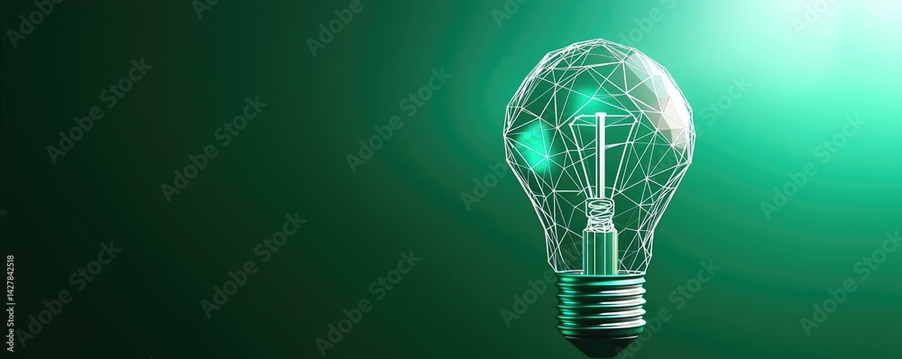 Poster Polygon lightbulb featuring lamp and network concept. A glowing light bulb emits bright ideas and innovation forward.