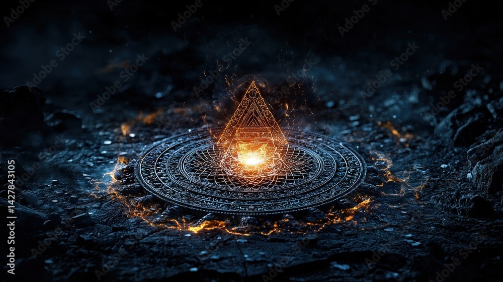Poster mystical energy emanates from ancient symbol dark cave digital art surreal environment close-up view