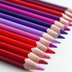 Obraz premium Colored pencils arranged in perfect gradient from red to violet, tips aligned, isolated on white background