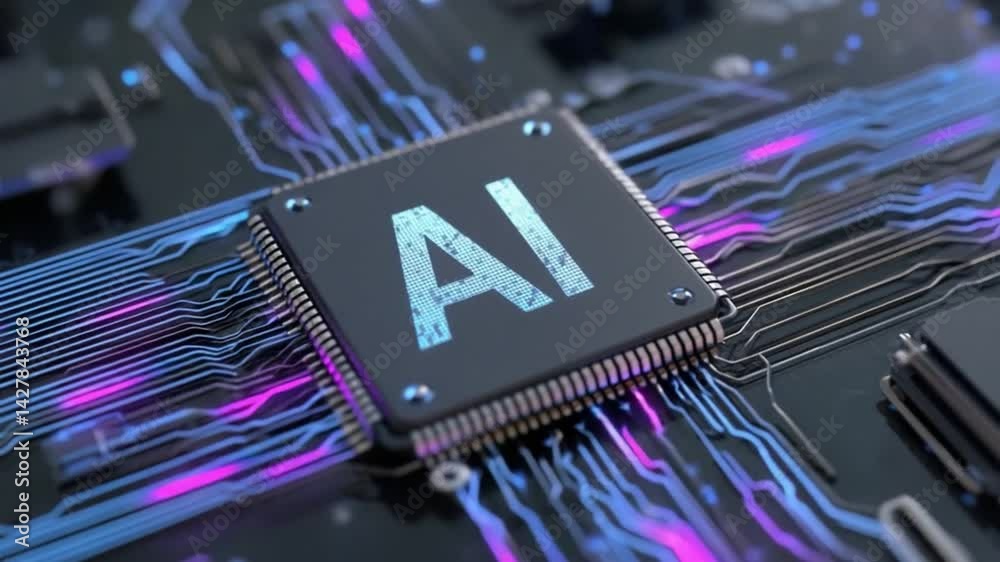 Poster ai microchip: close-up of an ai microchip with glowing circuits, representing advanced technology an