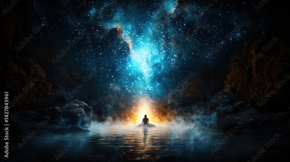 Poster cosmic meditation journey outer space digital art mystical environment surreal perspective inner pea