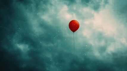 A single red balloon floats against a dreamlike, cloudy sky with stars.