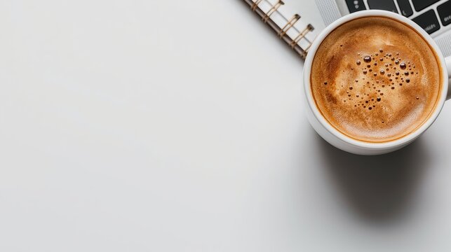 Minimalist workspace featuring sleek laptop, espresso cup, and notebook on a clean white desk