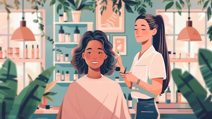 Illustration of a beauty salon with a hairstylist giving a client a haircut.