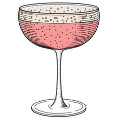 Retro glass with pink champagne vector illustration in sketch style. Creamer with sparkling rose wine color image. Old engraving for bar and menu. © Olga Shulgina