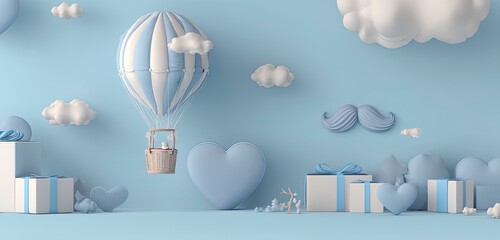 Blue Decorations with Air Balloon, Clouds and Gifts