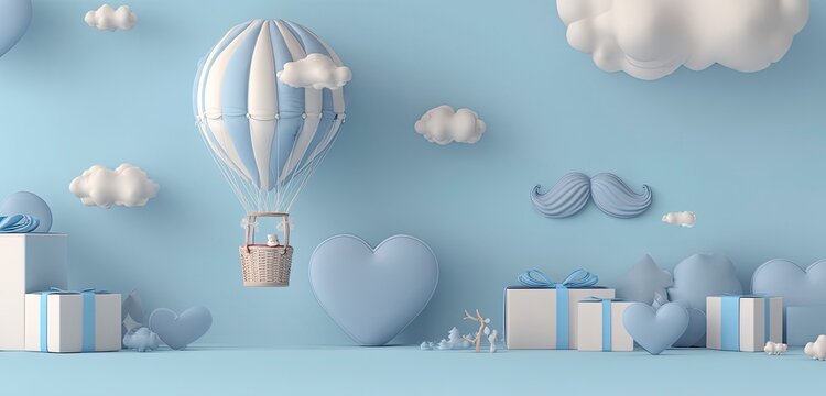 Blue Decorations with Air Balloon, Clouds and Gifts