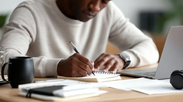 Thoughtful Work: A focused individual immersed in work, writing in a notebook, with a laptop and a cup of coffee adding to the atmosphere of a productive workspace. 