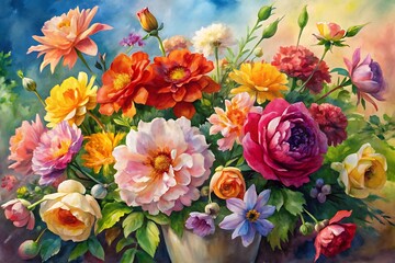 Painting of a vase of flowers with a blue sky in the background. Flowers seamless pattern. Floral. Pattern. Digital Art. Watercolor