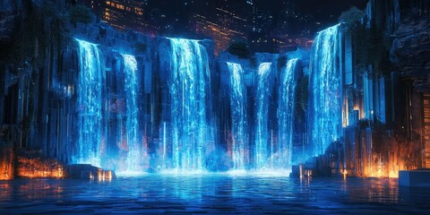 A futuristic cyberpunk-inspired digital painting with neon-blue waterfalls in a dystopian city.