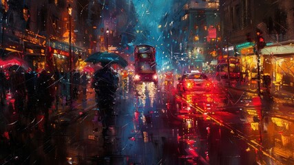 Fototapeta premium Atmospheric painting of a rainy city street at night with cars and buildings.