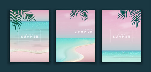 Summer backgrounds set with sea scene. Vector illustration.