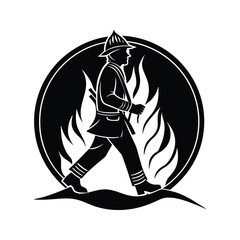 Fototapeta premium Firefighter walking through fire icon silhouette vector with white background