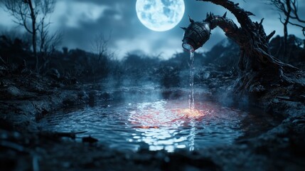 Mysterious water source erupts under full moon in barren landscape digital art surreal environment ethereal viewpoint