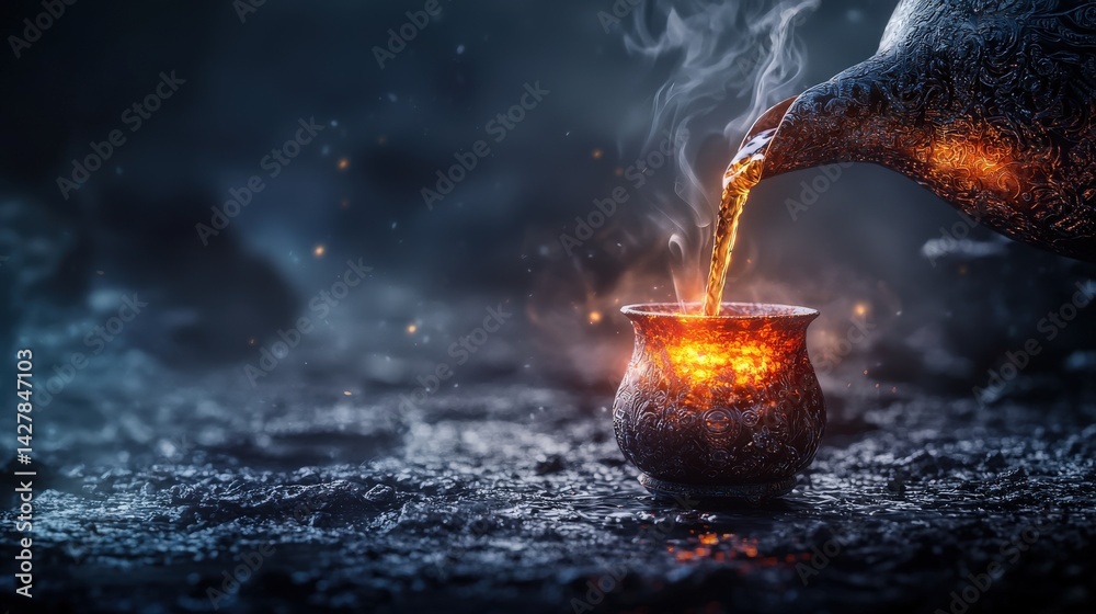 Poster pouring a fiery drink into a cup mystical setting digital art dark environment close-up view enchant