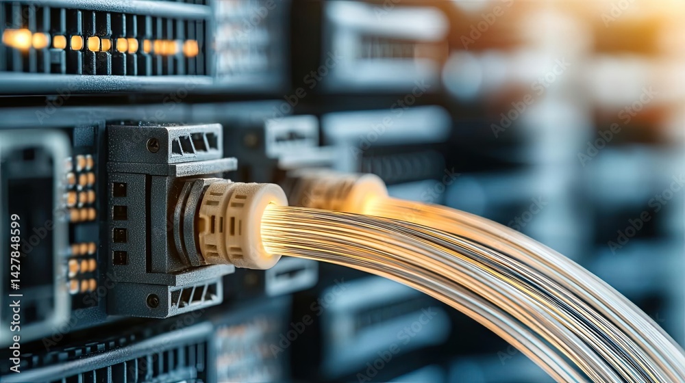 Poster lights of glowing fiber optic cables showing network connectors concept. close-up of server connecti
