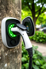 Plugged-in electric car charger with illuminated green indicator, close-up of charging connection