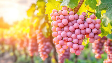 In autumn, a bunch of ripe purple grapes hangs from a green grapevine in the vineyard, promising a fresh harvest for winemaking
