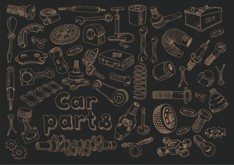 Hand drawn vector illustration set of car parts sign and symbol doodles elements. Isolated on black.