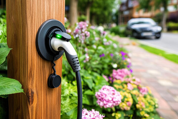 Naklejka premium Close-up view of EV charging socket with cable inserted, green light showing active charge