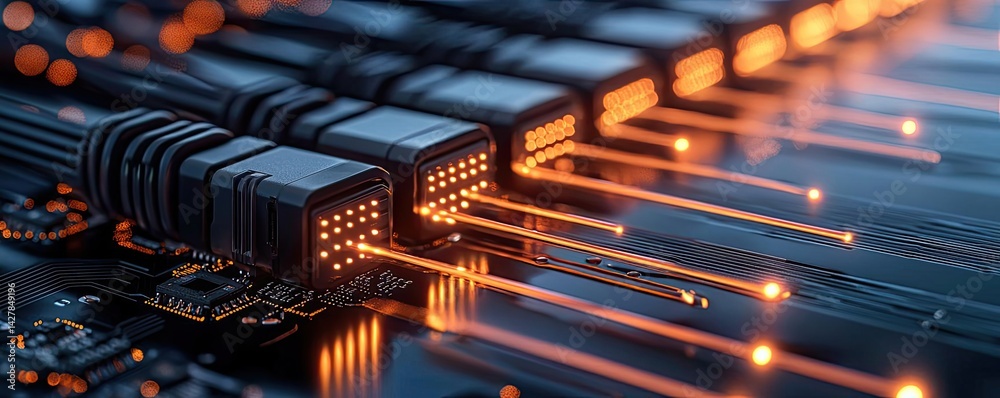 Poster lights of glowing fiber optic cables showing network connectors concept. close-up of glowing cables 