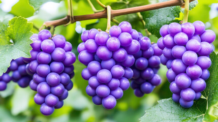 A ripe bunch of red grapes hangs from a lush grapevine in the autumn vineyard, promising a healthy harvest for future wine