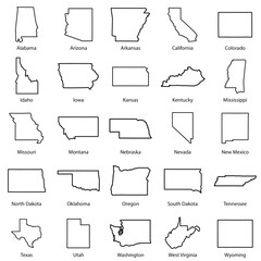 25 U.S. State Outline Map Complete Vector Map Set Vector Illustration