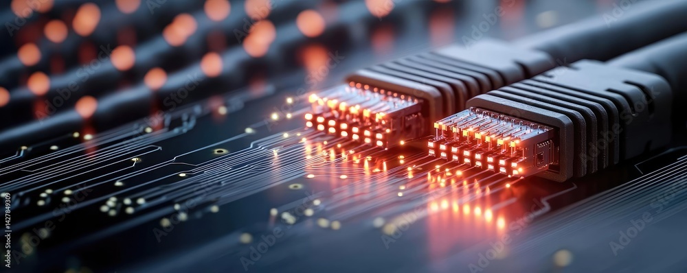 Poster lights of glowing fiber optic cables showing network connectors concept. close-up of network cables 