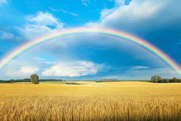 Obraz premium Rainbow Over Wheat Field – Beautiful Nature Landscape