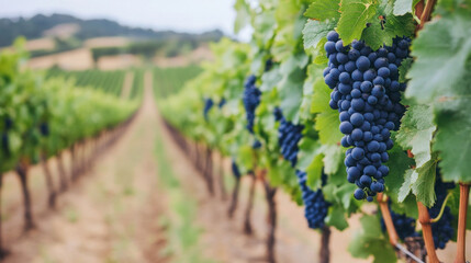 Red wine grapes, a ripe bunch of fruit from the vineyard vine, await the autumn harvest for winemaking