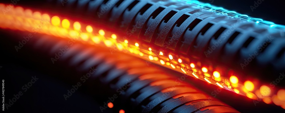 Poster lights of glowing fiber optic cables showing network connectors concept. close-up of glowing cables 