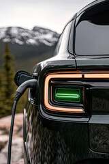 Close-up view of EV charging socket with cable inserted, green light showing active charge