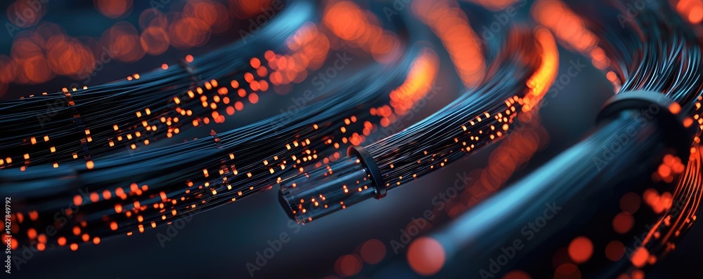 Poster lights of glowing fiber optic cables featuring macro connectors concept. abstract close-up view of g