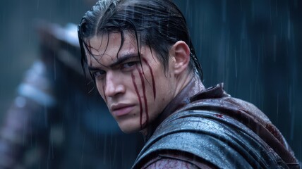 The determined gaze of a warrior in the rain reflects inner strength