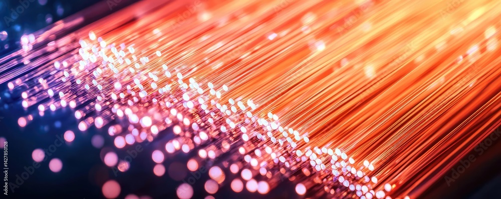 Poster lights of glowing fiber optic cables in digital technology connectors concept. abstract glowing line
