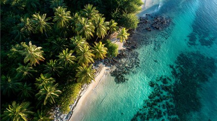 Obraz premium vibrant aerial photo of a tropical island coast, crystal-clear green-blue water, lush palm trees with deep green foliage