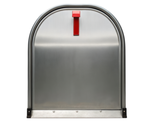 Modern metal mailbox with red flag and durable arched door on a transparent background