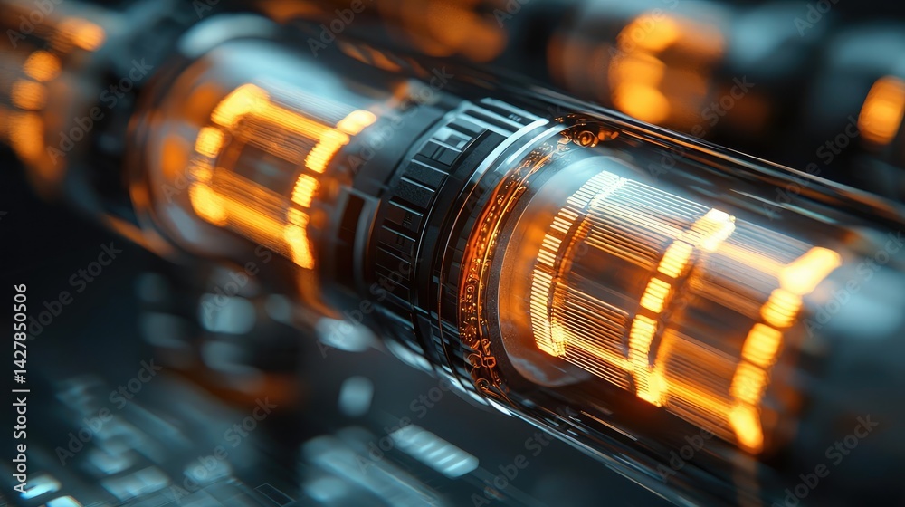 Poster lights of glowing fiber optic cables showing network connectors concept. close-up view of a glowing 